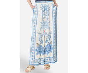 Yumi Women's Blue Satin Print Placement Relaxed Trousers in Baby Blue | Size: Small