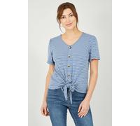 Yumi Women's Blue Striped Jersey Button Detail Top | Size: 14 Yumi Blue 14