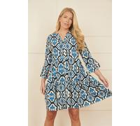 Yumi Viscose Blue Ikat Print 3/4 Sleeve Tunic Dress (UK, Numeric, 16, Regular, Regular, Blue)