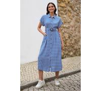 Yumi Women's Blue Viscose Midi Shirt Dress With Matching Belt | Size: 8