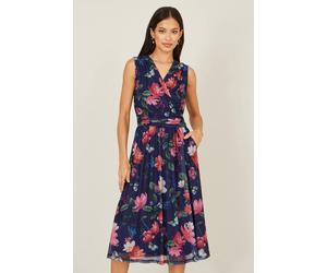 Yumi Women's Blurred Floral Mesh Wrap Midi Dress in Navy | Size: 18 Yumi Navy 18