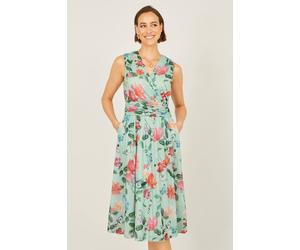 Yumi Women's Blurred Floral Mesh Wrap Midi Dress in Pale Green | Size: 18