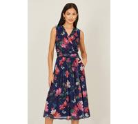 Yumi Women's Blurred Floral Print Mesh Stretch Midi Dress With Pockets in Navy | Size: 20