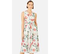 Yumi Women's Blurred Floral Print Mesh Stretch Midi Dress With Pockets in Soft White | Size: 12