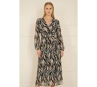 Yumi Women's Brown Animal Swirl Midi Wrap Dress in Black | Size: 12