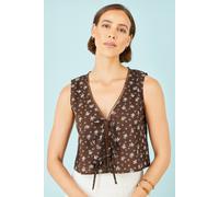 Yumi Women's Brown Cotton Daisy Print Waistcoat Top | Size: 8