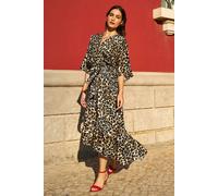 Yumi Women's Brown Leopard Midi Wrap Dress With Kimono Sleeves | Size: 10