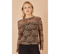 Yumi Women's Brown Leopard Print Mesh Stretch Fitted Top | Size: 14