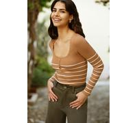 Yumi Women's Brown Stripe Rib Knitted Long Sleeve Top With Button Details | Size: Medium Yumi Brown M