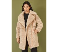 Yumi Women's Brown Textured Borg Long Line Biker Coat | Size: 10 Yumi Brown 10