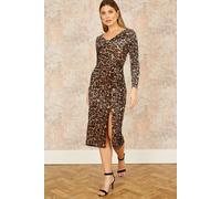 Yumi Women's Brown Velvet Leopard Print Fitted Midi Dress | Size: 10 Yumi Brown 10