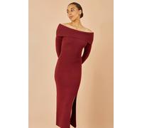 Yumi Women's Burgundy Bardot Knitted Fitted Midi Dress | Size: Medium