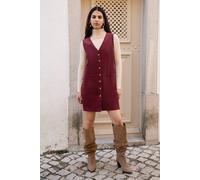 Yumi Women's Burgundy Cord Button Through Pinafore Dress With Pockets | Size: 16
