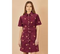 Yumi Women's Burgundy Cord Shirt Dress With All Over Squirrel Embroidery | Size: 12