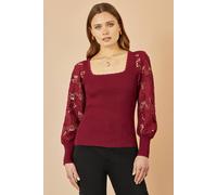 Yumi Women's Burgundy Ribbed Knitted Top With Lace Sleeves | Size: Large Yumi Burgundy L