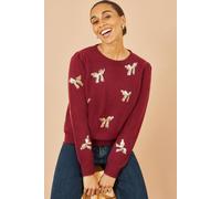 Yumi Women's Burgundy Sequin All Over Applique Bow Knitted Jumper | Size: Large Yumi Burgundy L