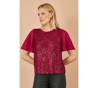 Yumi Women's Burgundy Sequin Top With Sheer Sleeves & Cut Out Back | Size: 16 Yumi Burgundy 16
