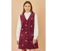 Yumi Women's Burgundy Squirrel Embroidered Button Up Pinafore Dress | Size: 14