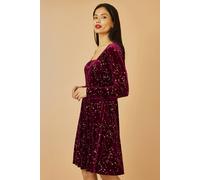 Yumi Women's Burgundy Star Foil Print Long Sleeve Skater Dress | Size: 14