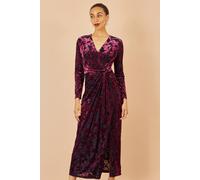 Yumi Women's Burgundy Velour Stretch Midi Dress With Long Sleeves | Size: 16 Yumi Burgundy 16