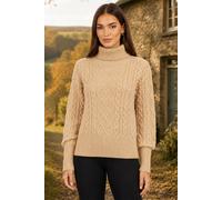 Yumi Women's Cable Knit Roll Neck Jumper in Beige | Size: Small