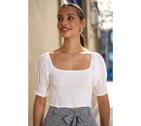 Yumi Women's Cotton Shirring Puff Sleeve Top In White | Size: 10