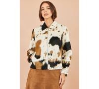 Yumi Women's Cow Print Faux Fur Zip Jacket in Brown | Size: 12
