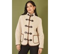 Yumi Women's Cream Borg Jacket With Faux Leather Button Details | Size: 8 Yumi Cream 8