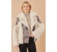 Yumi Women's Cream & Brown Biker Jacket With Leopard Print | Size: 8 Yumi Multicolor 8