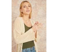 Yumi Women's Cream Crochet Long Line Cardigan With Ties Front in Beige | Size: Medium/Large Yumi Beige M/L