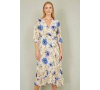 Yumi Women's Cream Vintage Floral Wrap Midi Dress With Frill | Size: 10 Yumi Cream 10