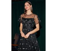 Yumi Women's Embroidered Bow Mesh Prom Dress in Black | Size: 14 Yumi Black 14