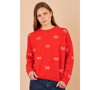 Yumi Women's Embroidered Bow Relaxed Jumper in Red | Size: Small/Medium
