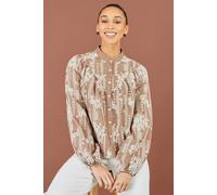 Yumi Women's Embroidered Floral Relaxed Shirt in Brown | Size: Small