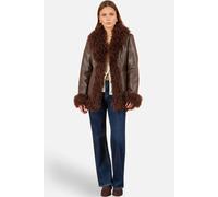 Yumi Women's Faux Leather Coat With Faux Fur Trims in Dark Brown | Size: 10 Yumi Dark Brown 10