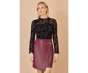 Yumi Women's Flocked Floral Stretch Mesh Top With Long Sleeves In Black | Size: 8