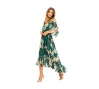 Yumi Womens Floral Butterfly Kimono Wrap Dress - Perfect Summer Wedding Guest Dress for Ladies - V-Neck, 3/4 Length Sleeves & Dip Hem Back (16, Green)
