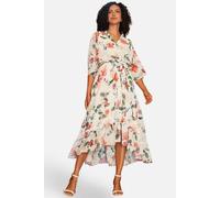 Yumi Women's Floral Kimono Wrap Dress With Dip Hem in Warm White | Size: 16
