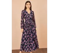Yumi Women's Floral Mesh Ruched Waist Maxi Dress in Navy | Size: 12