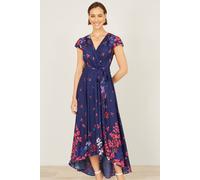 Yumi Women's Floral Mirror Wrap Dress With Dip Hem in Navy | Size: 24 Yumi Navy 24