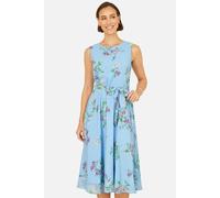 Yumi Blue Floral Print Midi Skater Dress (UK, Numeric, 12, Regular, Regular, Blue)