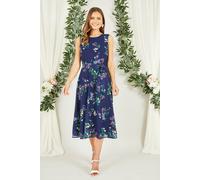 Navy Floral Print Midi Skater Dress Yumi Navy 14