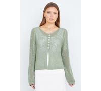 Yumi Women's Green Flower Crochet Button Up Cardigan in Light Green | Size: Medium Yumi Light Green M