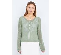 Yumi Women's Green Flower Crochet Button Up Cardigan in Light Green | Size: Large Yumi Light Green L