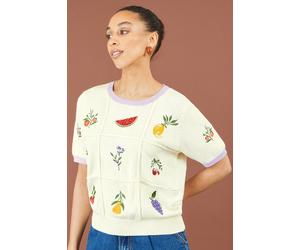 Yumi Women's Fruit Cotton Knitted Top in Ivory | Size: Medium Yumi Ivory M