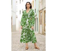 Yumi Women's Green Abstract Print Ruched Midi Dress With Long Sleeves | Size: 18 Yumi Green 18