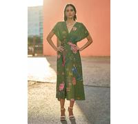 Yumi Green Bird and Floral Print Ruched Waist Kimono Midi Dress (UK, Numeric, 18, Regular, Regular, Green)