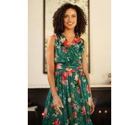 Yumi Women's Green Blurred Floral Print Mesh Stretch Midi Dress With Pockets | Size: 18 Yumi Green 18