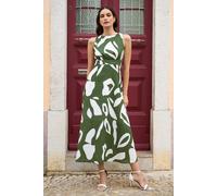 Green Cotton Abstract Print Maxi Dress With Tie Back Yumi Green 16