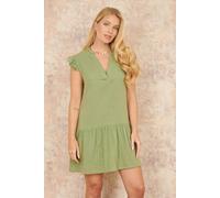 Yumi Women's Green Double Cotton Tunic Dress With Frill Sleeves | Size: 8